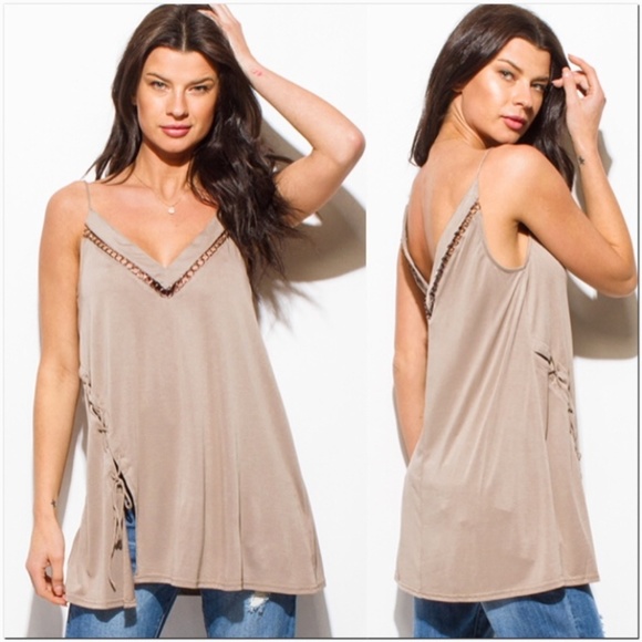 NEW Mocha V-Neck Hoop Embellished Lace-Up Top - Picture 3 of 4